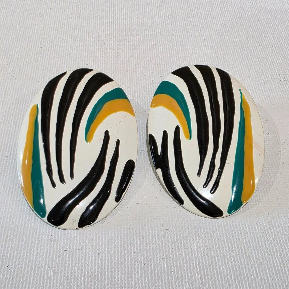Vintage Boho Chic Tribal Metal Oval White Black Green and Yellow Stripe Earrings